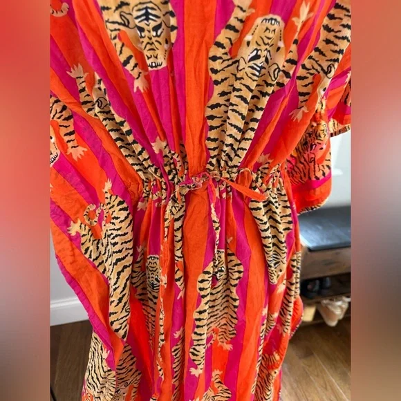Vibrant Tiger Print Orange  Kaftan Dress One Size - Picture 2 of 6